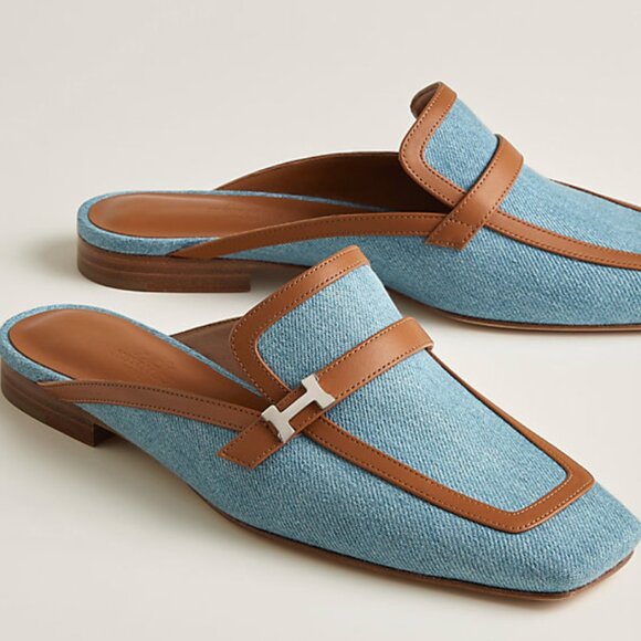Hermes Groupie Mule Denim Blue and Brown Flats Size 38 with Box and Dust bags - Picture 1 of 17